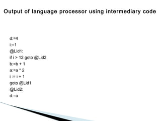 Output of language processor using intermediary code

d:=4
i:=1
@Lid1:
if i > 12 goto @Lid2
b:=b + 1
a:=a * 2
i := i + 1
goto @Lid1
@Lid2:
d:=a

 