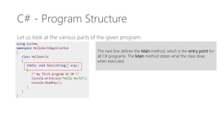 C# - Program Structure
Let us look at the various parts of the given program:
The next line defines the Main method, which is the entry point for
all C# programs. The Main method states what the class does
when executed.
 
