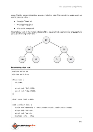 Data Structures & Algorithms
201
node. That is, we cannot random access a node in a tree. There are three ways which we
use to traverse a tree −
 In-order Traversal
 Pre-order Traversal
 Post-order Traversal
We shall now look at the implementation of tree traversal in C programming language here
using the following binary tree −
Implementation in C
#include <stdio.h>
#include <stdlib.h>
struct node {
int data;
struct node *leftChild;
struct node *rightChild;
};
struct node *root = NULL;
void insert(int data) {
struct node *tempNode = (struct node*) malloc(sizeof(struct node));
struct node *current;
struct node *parent;
tempNode->data = data;
 