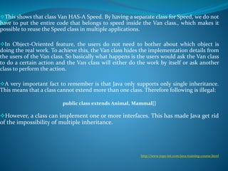 This shows that class Van HAS-A Speed. By having a separate class for Speed, we do not
have to put the entire code that belongs to speed inside the Van class., which makes it
possible to reuse the Speed class in multiple applications.
In Object-Oriented feature, the users do not need to bother about which object is
doing the real work. To achieve this, the Van class hides the implementation details from
the users of the Van class. So basically what happens is the users would ask the Van class
to do a certain action and the Van class will either do the work by itself or ask another
class to perform the action.
A very important fact to remember is that Java only supports only single inheritance.
This means that a class cannot extend more than one class. Therefore following is illegal:
public class extends Animal, Mammal{}
However, a class can implement one or more interfaces. This has made Java get rid
of the impossibility of multiple inheritance.
http://www.tops-int.com/java-training-course.html
 