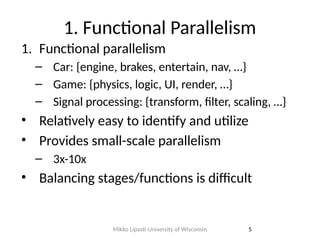 1. Functional Parallelism
1. Functional parallelism
– Car: {engine, brakes, entertain, nav, …}
– Game: {physics, logic, UI, render, …}
– Signal processing: {transform, filter, scaling, …}
• Relatively easy to identify and utilize
• Provides small-scale parallelism
– 3x-10x
• Balancing stages/functions is difficult
5
Mikko Lipasti-University of Wisconsin
 
