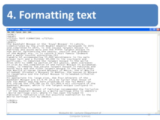 12
Mubashir Ali - Lecturer (Department of
Computer Science)
4. Formatting text
 