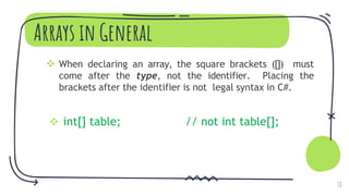 Arrays in General
 When declaring an array, the square brackets ([]) must
come after the type, not the identifier. Placing the
brackets after the identifier is not legal syntax in C#.
 int[] table; // not int table[];
38
 