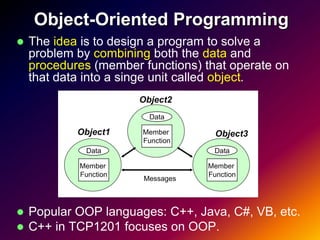 Object-Oriented Programming
   The idea is to design a program to solve a
    problem by combining both the data and
    procedures (member functions) that operate on
    that data into a singe unit called object.
                       Object2
                         Data

            Object1    Member        Object3
                       Function
             Data                   Data

            Member                 Member
            Function               Function
                       Messages



   Popular OOP languages: C++, Java, C#, VB, etc.
   C++ in TCP1201 focuses on OOP.
 