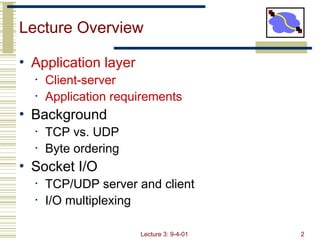 Lecture 3: 9-4-01 2
Lecture Overview
• Application layer
• Client-server
• Application requirements
• Background
• TCP vs. UDP
• Byte ordering
• Socket I/O
• TCP/UDP server and client
• I/O multiplexing
 