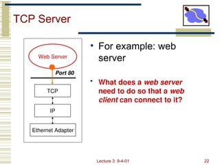 Lecture 3: 9-4-01 22
TCP
IP
Ethernet Adapter
Web Server
Port 80
• For example: web
server
• What does a web server
need to do so that a web
client can connect to it?
TCP Server
 
