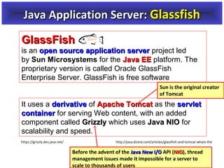 Java Application Server: Glassfish
GlassFish
is an open source application server project led
by Sun Microsystems for the Java EE platform. The
proprietary version is called Oracle GlassFish
Enterprise Server. GlassFish is free software
Sun is the original creator
of Tomcat

It uses a derivative of Apache Tomcat as the servlet
container for serving Web content, with an added
component called Grizzly which uses Java NIO for
scalability and speed.
https://grizzly.dev.java.net/

http://java.dzone.com/articles/glassfish-and-tomcat-whats-the

Before the advent of the Java New I/O API (NIO), thread
NIO
management issues made it impossible for a server to
scale to thousands of users

 