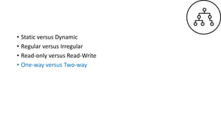 • Static versus Dynamic
• Regular versus Irregular
• Read-only versus Read-Write
• One-way versus Two-way
 