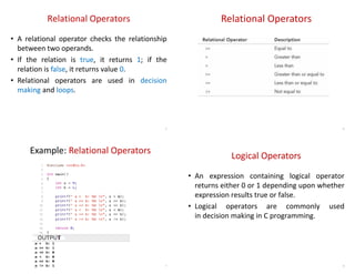 Relational Operators
• A relational operator checks the relationship
between two operands.
• If the relation is true, it returns 1; if the
relation is false, it returns value 0.
• Relational operators are used in decision
making and loops.
5
Relational Operators
6
Example: Relational Operators
7
Logical Operators
• An expression containing logical operator
returns either 0 or 1 depending upon whether
expression results true or false.
• Logical operators are commonly used
in decision making in C programming.
8
 