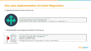 Use case implementation of Linear Regression
6. Splitting the data into Train and Test set:
7. Fitting Multiple Linear Regression Model to Training set:
 