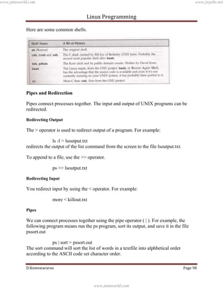 www.jntuworld.com

www.jwjobs.net

Linux Programming
Here are some common shells.

Pipes and Redirection
Pipes connect processes together. The input and output of UNIX programs can be
redirected.
Redirecting Output

The > operator is used to redirect output of a program. For example:
ls -l > lsoutput.txt
redirects the output of the list command from the screen to the file lsoutput.txt.
To append to a file, use the >> operator.
ps >> lsoutput.txt
Redirecting Input

You redirect input by using the < operator. For example:
more < killout.txt
Pipes

We can connect processes together using the pipe operator ( | ). For example, the
following program means run the ps program, sort its output, and save it in the file
pssort.out
ps | sort > pssort.out
The sort command will sort the list of words in a textfile into alphbetical order
according to the ASCII code set character order.
D.Koteswararao

Page 98

www.jntuworld.com

 