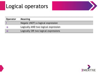 Shell Scripting - Basics
Conditions – if else if
● Multiple if blocks can be strung together to make an elaborate
set of conditional responses
1 #!/bin/bash
2
3 NUM1=5
4 NUM2=3
5
6 if [ ${NUM1} -eq ${NUM2} ]
7 then
8 echo "NUM1 is equal to NUM2"
9 elif [ ${NUM1} -gt ${NUM2} ]
10 then
11 echo "NUM1 is greater than NUM2"
12 else
13 echo "NUM1 is less than NUM2"
11 fi
if [ condition_a ]
then
condition_a is true
elif [ condition_b ]
then
condition_b is true
else
both false
fi
Syntax Example
 