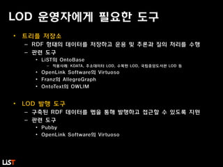 LOD 운영자에게 필요한 도구
• 트리플 저장소
– RDF 형태의 데이터를 저장하고 운용 및 추론과 질의 처리를 수행
– 관련 도구
• LiST의 OntoBase
– 적용사례: KDATA, 주소데이터 LOD, 수목원 LOD, 국립중앙도서관 LOD 등
• OpenLink Software의 Virtuoso
• Franz의 AllegroGraph
• OntoText의 OWLIM
• LOD 발행 도구
– 구축된 RDF 데이터를 웹을 통해 발행하고 접근할 수 있도록 지원
– 관련 도구
• Pubby
• OpenLink Software의 Virtuoso
 