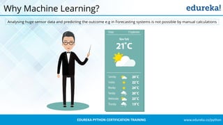 www.edureka.co/pythonEDUREKA PYTHON CERTIFICATION TRAINING
Why Machine Learning?
Analysing huge sensor data and predicting the outcome e.g in Forecasting systems is not possible by manual calculations
 