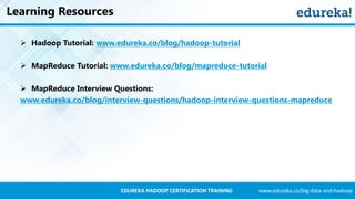 www.edureka.co/big-data-and-hadoopEDUREKA HADOOP CERTIFICATION TRAINING
Learning Resources
 Hadoop Tutorial: www.edureka.co/blog/hadoop-tutorial
 MapReduce Tutorial: www.edureka.co/blog/mapreduce-tutorial
 MapReduce Interview Questions:
www.edureka.co/blog/interview-questions/hadoop-interview-questions-mapreduce
 