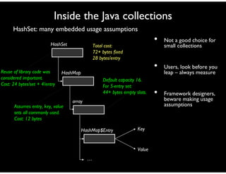 Inside the Java collections
HashSet: many embedded usage assumptions
• Not a good choice for
small collections
• Users, look before you
leap – always measure
• Framework designers,
beware making usage
assumptions
HashMap$Entry
HashSet
HashMap
array
…
Key
Value
Reuse of library code was
considered important.
Cost: 24 bytes/set + 4/entry
Assumes entry, key, value
sets all commonly used.
Cost: 12 bytes
Default capacity 16.
For 5-entry set:
44+ bytes empty slots.
Total cost:
72+ bytes fixed
28 bytes/entry
 