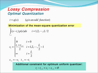 Lossy Compression
Optimal Quantization
)
(
)
( function
odd
an
is
q
s
q
t =
Minimization of the mean-square quantization error
i
i
i
i
i
i
i
s
s
i
t
t
s
s
L
i
L
i
t
t
i
s
L
i
ds
s
p
t
s
i
i
−
=
−
=









=
∞
−
=
+
=
=
=
−
−
−
+
∫
−
2
1
2
,
,
2
,
1
2
0
0
2
/
,
,
2
,
1
)
(
)
(
1
1


Additional constraint for optimum uniform quantizer:
θ
=
−
=
− −
− 1
1 i
i
i
i s
s
t
t
 