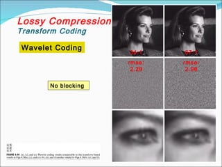 Lossy Compression
Transform Coding
Wavelet Coding
34:1
rmse:
2.29
67:1
rmse:
2.96
No blocking
 
