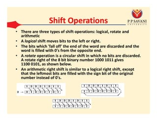 Shift Operations
• There are three types of shift operations: logical, rotate and
arithmetic
• A logical shift moves bits to the left or right.
• The bits which 'fall off' the end of the word are discarded and the
word is filled with 0's from the opposite end.
• A rotate operation is a circular shift in which no bits are discarded.
A rotate right of the 8 bit binary number 1000 1011 gives
1100 0101, as shown below.
• An arithmetic right shift is similar to a logical right shift, except
that the leftmost bits are filled with the sign bit of the original
number instead of 0's.
 