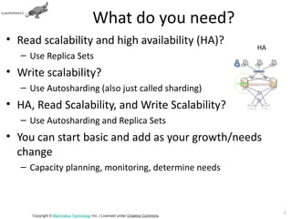 What do you need?
• Read scalability and high availability (HA)?
                                                                               HA
   – Use Replica Sets
• Write scalability?
   – Use Autosharding (also just called sharding)
• HA, Read Scalability, and Write Scalability?
   – Use Autosharding and Replica Sets
• You can start basic and add as your growth/needs
  change
   – Capacity planning, monitoring, determine needs



                                                                                    19
     Copyright © Mammatus Technology Inc. | Licensed under Creative Commons.
 