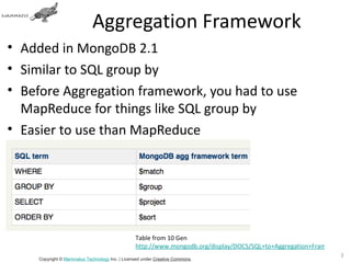 Aggregation Framework
• Added in MongoDB 2.1
• Similar to SQL group by
• Before Aggregation framework, you had to use
  MapReduce for things like SQL group by
• Easier to use than MapReduce




                                                 Table from 10 Gen
                                                 http://www.mongodb.org/display/DOCS/SQL+to+Aggregation+Framework+M
                                                                                                               36
     Copyright © Mammatus Technology Inc. | Licensed under Creative Commons.
 