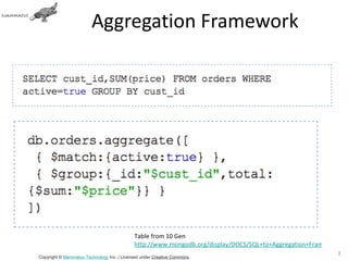 Aggregation Framework




                                            Table from 10 Gen
                                            http://www.mongodb.org/display/DOCS/SQL+to+Aggregation+Framework+M
                                                                                                          37
Copyright © Mammatus Technology Inc. | Licensed under Creative Commons.
 