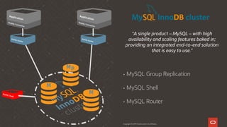 Copyright © 2019 Oracle and/or its affiliates.
• MySQL Group Replication
• MySQL Shell
• MySQL Router
InnoDB cluster
“A single product – MySQL – with high
availability and scaling features baked in;
providing an integrated end-to-end solution
that is easy to use.”
 