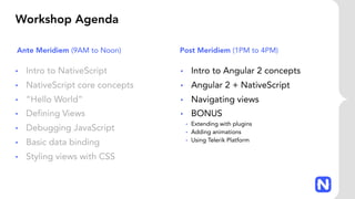 Workshop Agenda
• Intro to NativeScript
• NativeScript core concepts
• “Hello World”
• Defining Views
• Debugging JavaScript
• Basic data binding
• Styling views with CSS
• Intro to Angular 2 concepts
• Angular 2 + NativeScript
• Navigating views
• BONUS
• Extending with plugins
• Adding animations
• Using Telerik Platform
Ante Meridiem (9AM to Noon) Post Meridiem (1PM to 4PM)
 