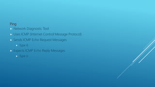 Ping
 Network Diagnostic Tool
 Uses ICMP (Internet Control Message Protocol)
 Sends ICMP Echo Request Messages
 Type 8
 Expects ICMP Echo Reply Messages
 Type 0
 