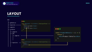Babel Coder
Babel Coder
https://www.babelcoder.com
LAYOUT
app
globals.css
layout.tsx
page.tsx
products
page.tsx
[id]
page.tsx
layout.tsx
 