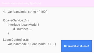 Smooth way to start using TypeScript
4. var loanLimit : string = “100”;
ILoans-Service.d.ts
interface ILoanModel {
id : number, ...
}
LoansController.ts
var loanmodel : ILoanModel = { … }
No generation of code !
 