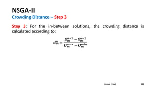 Step 3: For the in-between solutions, the crowding distance is
calculated according to:
NSGA-II
Crowding Distance – Step 3
132Ahmed F. Gad
𝒅 𝒎
𝒏 =
𝑺 𝒎
𝒏+𝟏
− 𝑺 𝒎
𝒏−𝟏
𝑶 𝒎
𝒎𝒂𝒙
− 𝑶 𝒎
𝒎𝒊𝒏
 