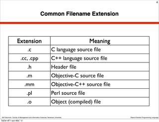 4



                                                      Common Filename Extension



                     Extension                                                        Meaning
                                    .c                              C language source ﬁle
                          .cc, .cpp                                 C++ language source ﬁle
                                    .h                              Header ﬁle
                                   .m                               Objective-C source ﬁle
                                .mm                                 Objective-C++ source ﬁle
                                   .pl                              Perl source ﬁle
                                   .o                               Object (compiled) ﬁle

 Atit Patumvan, Faculty of Management and Information Sciences, Naresuan University             Object-Oriented Programming Language

วันอังคารที่ 7 กุมภาพันธ์ 12
 