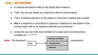 “this” KEYWORD
● A method will need to refer to the object that invoked it.
● “This” can be use inside any method to refer to current object.
● “This” is always reference to the object on which the method was invoked.
● this is a keyword in Java which is used as a reference to the object of the
current class, with in an instance method or a constructor.
● Using this you can refer the members of a class such as constructors,
variables and methods.
Note: The keyword this is used only within instance methods or constructors
 