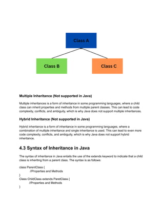 Multiple Inheritance (Not supported in Java)
Multiple inheritances is a form of inheritance in some programming languages, where a child
class can inherit properties and methods from multiple parent classes. This can lead to code
complexity, conflicts, and ambiguity, which is why Java does not support multiple inheritances.
Hybrid Inheritance (Not supported in Java)
Hybrid inheritance is a form of inheritance in some programming languages, where a
combination of multiple inheritance and single inheritance is used. This can lead to even more
code complexity, conflicts, and ambiguity, which is why Java does not support hybrid
inheritance.
4.3 Syntax of Inheritance in Java
The syntax of inheritance in Java entails the use of the extends keyword to indicate that a child
class is inheriting from a parent class. The syntax is as follows:
class ParentClass {
//Properties and Methods
}
Class ChildClass extends ParetClass {
//Properties and Methods
}
 