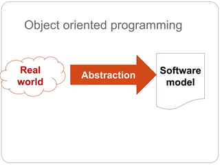 Object oriented programming
Real
world
Software
model
Abstraction
 