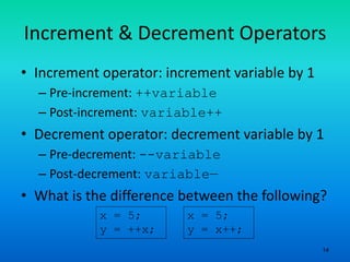 14
Increment & Decrement Operators
• Increment operator: increment variable by 1
– Pre-increment: ++variable
– Post-increment: variable++
• Decrement operator: decrement variable by 1
– Pre-decrement: --variable
– Post-decrement: variable—
• What is the difference between the following?
x = 5;
y = ++x;
x = 5;
y = x++;
 