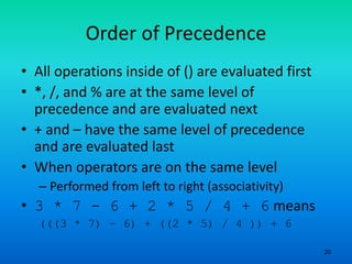 20
Order of Precedence
• All operations inside of () are evaluated first
• *, /, and % are at the same level of
precedence and are evaluated next
• + and – have the same level of precedence
and are evaluated last
• When operators are on the same level
– Performed from left to right (associativity)
• 3 * 7 - 6 + 2 * 5 / 4 + 6 means
(((3 * 7) – 6) + ((2 * 5) / 4 )) + 6
 
