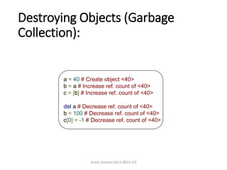 Destroying Objects (Garbage
Collection):
Arslan Arshad (2K12-BSCS-37)
a = 40 # Create object <40>
b = a # Increase ref. count of <40>
c = [b] # Increase ref. count of <40>
del a # Decrease ref. count of <40>
b = 100 # Decrease ref. count of <40>
c[0] = -1 # Decrease ref. count of <40>
 