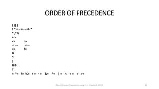 ORDER OF PRECEDENCE
( )[ ]
! ~ + - ++ -- & *
* / %
+ -
<< >>
< <= >>=
== !=
&
^
|
&&
?:
= *= /= %= + = - = &= ^= | = < < = > >=
Object Oriented Programming using C++ - Preetha V AP/CSE 63
 