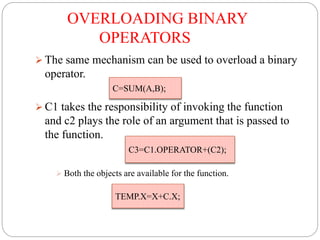 OVERLOADING BINARY
OPERATORS
 The same mechanism can be used to overload a binary
operator.
 C1 takes the responsibility of invoking the function
and c2 plays the role of an argument that is passed to
the function.
 Both the objects are available for the function.
C=SUM(A,B);
C3=C1.OPERATOR+(C2);
TEMP.X=X+C.X;
 