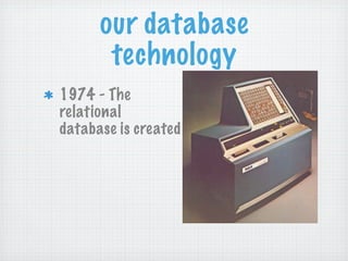 our database
       technology
1974 - The
relational
database is created
 