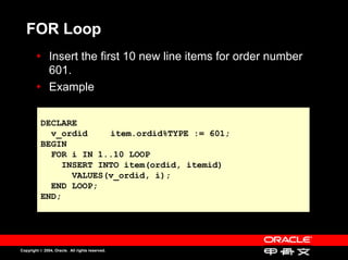 FOR Loop
               Insert the first 10 new line items for order number
               Insert the first 10 new line items for order number
               601.
               601.
               Example
               Example

          DECLARE
          DECLARE
            v_ordid
            v_ordid     item.ordid%TYPE := 601;
                         item.ordid%TYPE := 601;
          BEGIN
          BEGIN
            FOR i IN 1..10 LOOP
            FOR i IN 1..10 LOOP
               INSERT INTO item(ordid, itemid)
               INSERT INTO item(ordid, itemid)
                 VALUES(v_ordid, i);
                 VALUES(v_ordid, i);
            END LOOP;
            END LOOP;
          END;
          END;




Copyright © 2004, Oracle. All rights reserved.
 