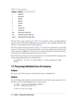 Table 1-2. Escape sequences
Sequence Character
' Single quote
" Double quote
 Backslash
b Backspace
f Form feed
n Newline
r Carriage return
t Horizontal tab
ddd Octal sequence (3 digits: ddd)
xdd Hexadecimal sequence (2 digits: dd)
udddd Unicode sequence (4 hex digits: dddd)
The last three escape sequences in Table 1-2 are patterns, where providing different
numeric values will result in differing escape sequences. The copyright symbol in the
solution is an example of the Unicode sequence.
All of the escape sequences listed in Table 1-2 can also be represented as a Unicode
sequence. For instance, the horizontal tab (t), can also be represented as the Unicode
escape sequence, u0009. Of course, if the user agent disregards the special character,
as browsers do with the horizontal tab, the use is moot.
One of the most common uses of escape sequences is to include double or single quotes
within strings delimited by the same character:
var newString = 'You can't use single quotes in a string surrounded by single
quotes';
1.9 Processing Individual Lines of a textarea
Problem
You want to be able to process individual lines from a textarea box.
Solution
Use the String split method, combined with the line break escape sequence (n) to
split the contents of the textarea into its separate lines:
var txtBox = document.getElementById("inputbox");
var lines = txtBox.value.split("n");
// print out last line to page
16 | Chapter 1: Working with JavaScript Strings
 