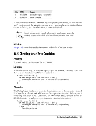 Value STATE Purpose
3 INTERACTIVE Downloading response is not completed
4 COMPLETED Request is complete
You should not set onreadystatechange if your request is synchronous, because the code
won’t continue until the request returns anyway—you can check the result of the op-
eration in the very next line of the code, if you’re so inclined.
I can’t stress strongly enough: please avoid synchronous Ajax calls.
Locking the page up until the request finishes is just not a good thing.
See Also
Recipe 18.5 covers how to check the status and results of an Ajax request.
18.5 Checking for an Error Condition
Problem
You want to check the status of the Ajax request.
Solution
In addition to checking the readyState property in the onreadystatechange event han-
dler, you can also check the XMLHttpRequest’s status:
function processResult() {
if (http.readyState == 4 && http.status == 200) {
document.getElementById("result").innerHTML=http.responseText;
}
}
Discussion
The XMLHttpRequest’s status property is where the response to the request is returned.
You hope for a value of 200, which means the request is successful. If the request is
something else, such as 403 (forbidden) or 500 (server error), you can access the
XMLHttpRequest’s statusText property to get more detailed information:
function processResult() {
if (http.readyState == 4 && http.status == 200) {
document.getElementById("result").innerHTML=http.responseText;
} else {
alert(http.statusText);
18.5 Checking for an Error Condition | 421
 