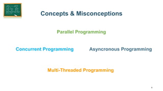 4
Concepts & Misconceptions
Parallel Programming
Concurrent Programming Asyncronous Programming
Multi-Threaded Programming
 