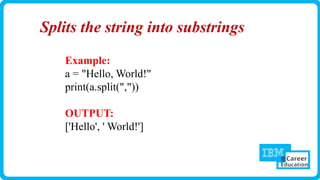 Splits the string into substrings
Example:
a = "Hello, World!"
print(a.split(","))
OUTPUT:
['Hello', ' World!']
 