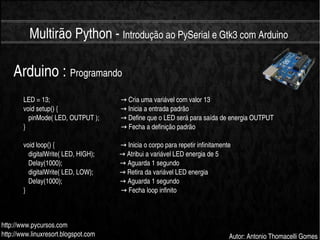    
Multirão Python ­ Introdução ao PySerial e Gtk3 com Arduino
http://www.pycursos.com
http://www.linuxresort.blogspot.com Autor: Antonio Thomacelli Gomes
Arduino : Programando
LED = 13;                                             Cria uma variável com valor 13→
void setup() {                                        Inicia a entrada padrão→
   pinMode( LED, OUTPUT );               Define que o LED será para saída de energia OUTPUT→
}                                                            Fecha a definição padrão→
void loop() {                                          Inicia o corpo para repetir infinitamente→
   digitalWrite( LED, HIGH);                 Atribui a variável LED energia de 5→
   Delay(1000);                                     Aguarda 1 segundo→
   digitalWrite( LED, LOW);                  Retira da variável LED energia→
   Delay(1000);                                     Aguarda 1 segundo→
}                                                            Fecha loop infinito→
 
 