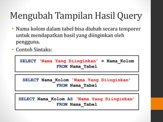 Mengubah Tampilan Hasil Query
• Nama kolom dalam tabel bisa diubah secara temporer
untuk mendapatkan hasil yang diinginkan oleh
pengguna.
• Contoh Sintaks:
SELECT ‘Nama Yang Diinginkan’ = Nama_Kolom
FROM Nama_Tabel
SELECT Nama_Kolom ‘Nama Yang Diinginkan’
FROM Nama_Tabel
SELECT Nama_Kolom AS ‘Nama Yang Diinginkan’
FROM Nama_Tabel
 