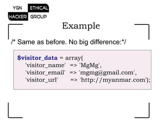 /* Same as before. No big difference:*/ $visitor_data  = array(     'visitor_name'  => 'MgMg',     'visitor_email'  => 'mgmg@gmail.com',     'visitor_url'      => 'http://myanmar.com'); Example 